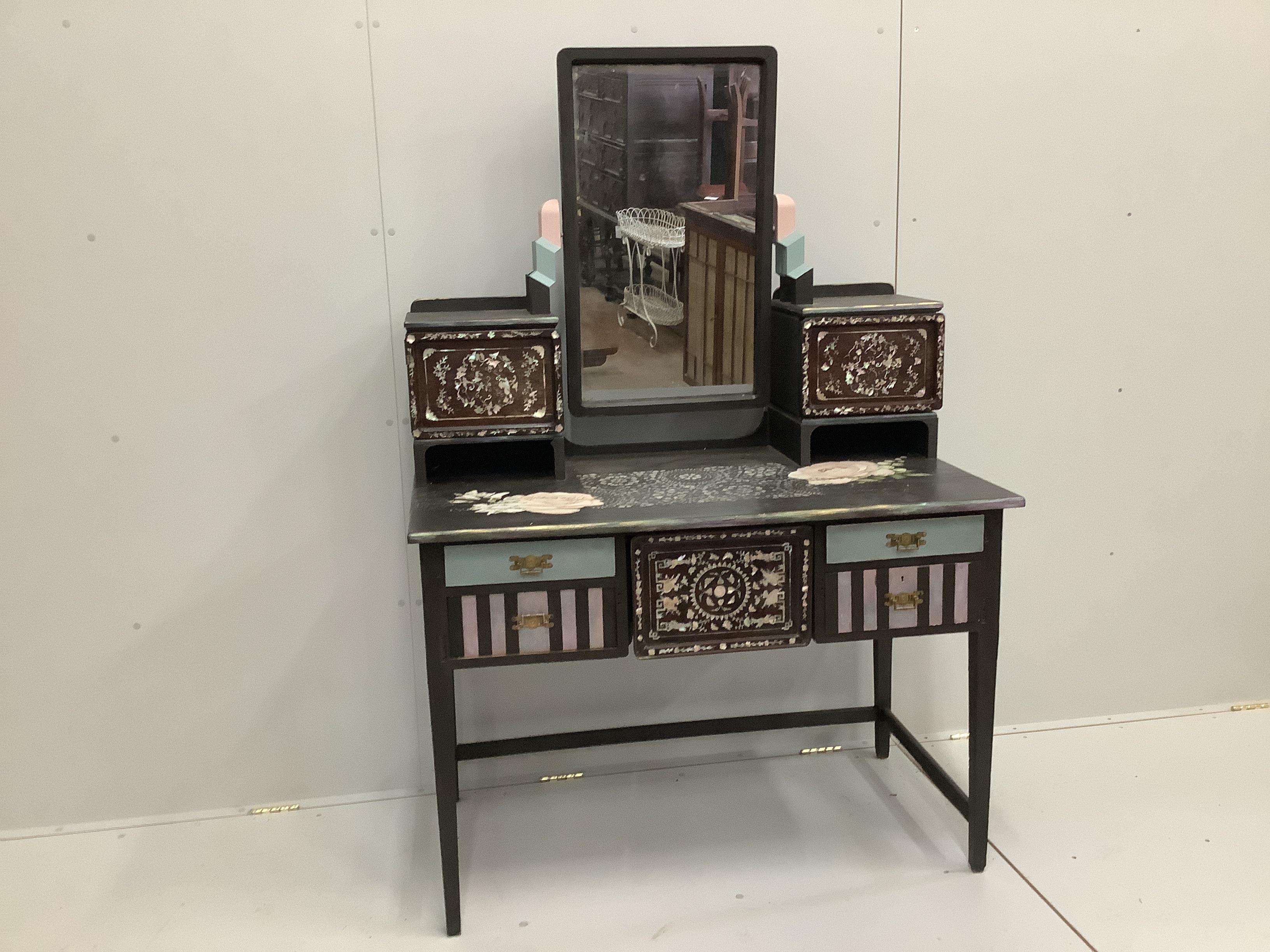 A painted decorative kneehole dressing table incorporating Chinese mother of pearl inlaid panels, width 114cm, depth 62cm, height 166cm
